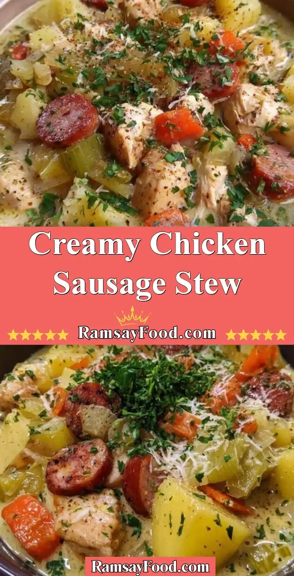 Bowl of creamy chicken sausage stew garnished with herbs and spices.