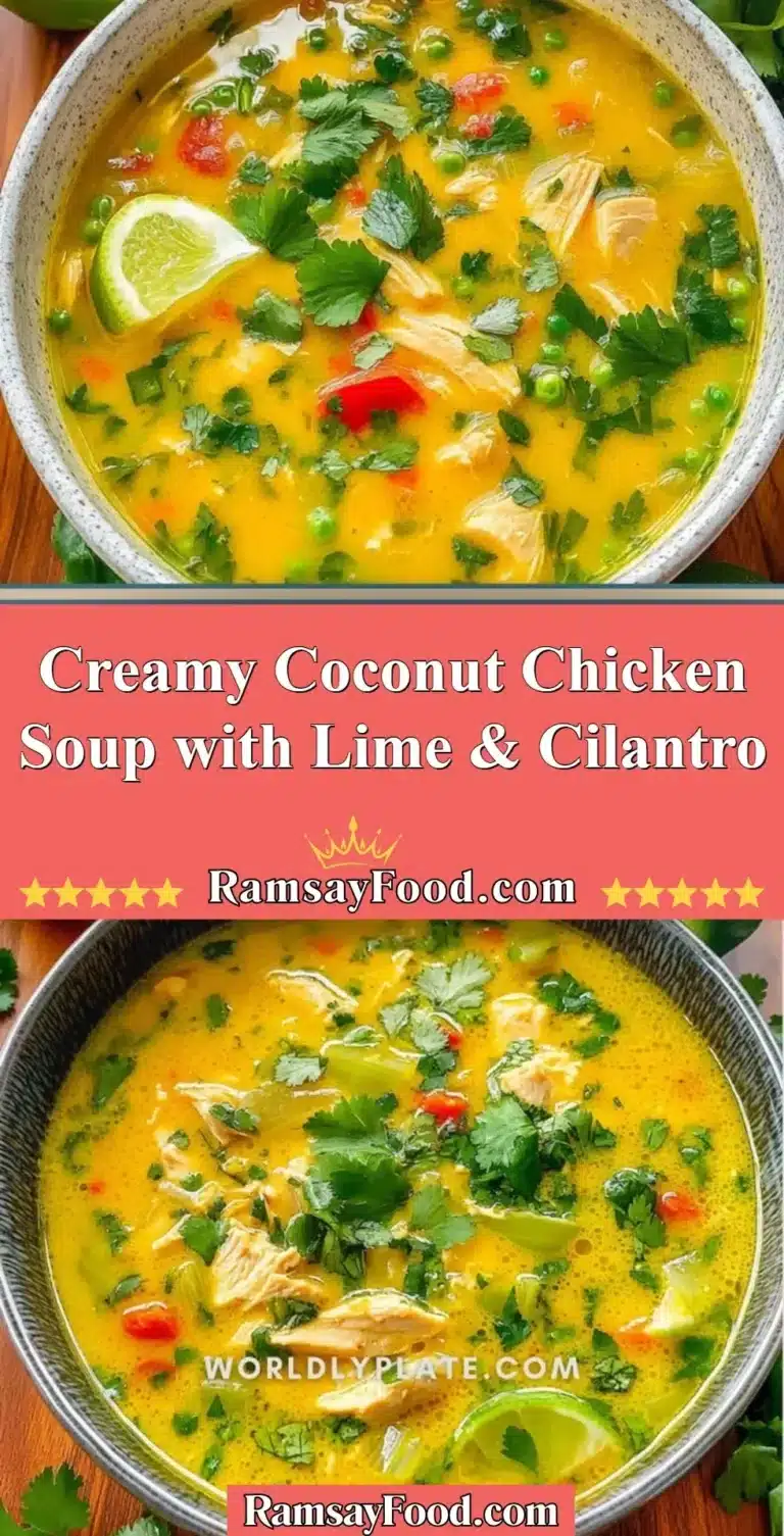 Creamy Coconut Chicken Soup with Lime & Cilantro 8 Bowl of creamy coconut chicken soup garnished with lime and cilantro