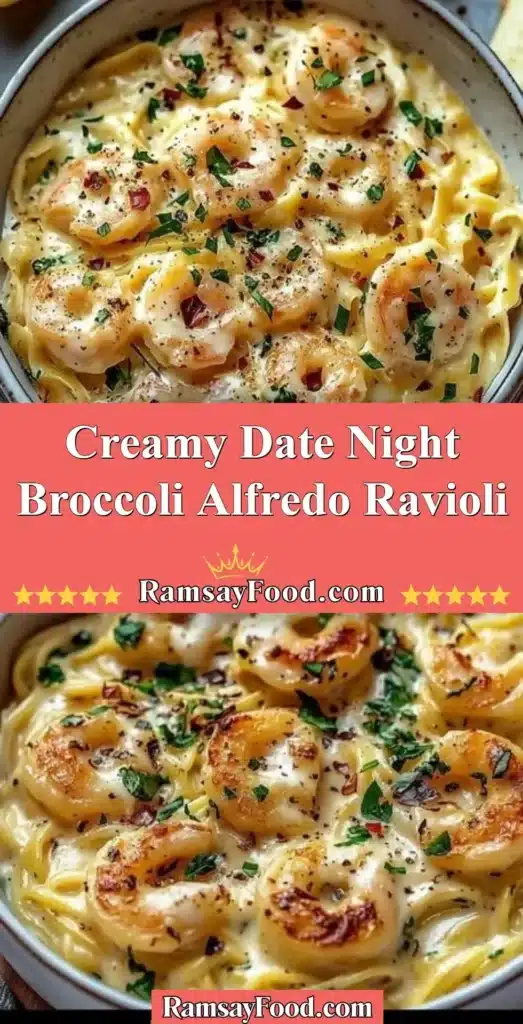 Creamy Broccoli Alfredo Ravioli served in a bowl for a romantic dinner
