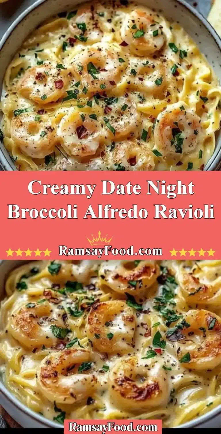 Creamy Date Night Broccoli Alfredo Ravioli 7 Creamy Broccoli Alfredo Ravioli served in a bowl for a romantic dinner