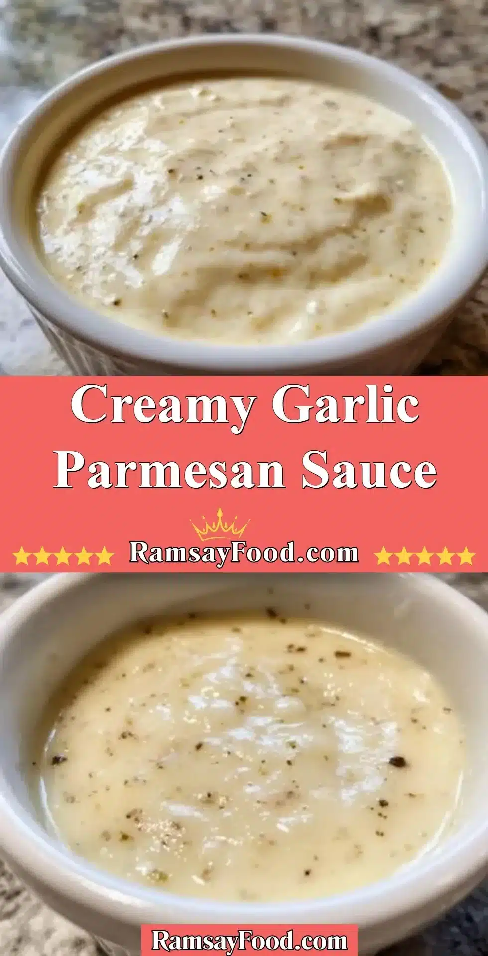 Delicious creamy garlic parmesan sauce in a bowl with a sprinkle of herbs