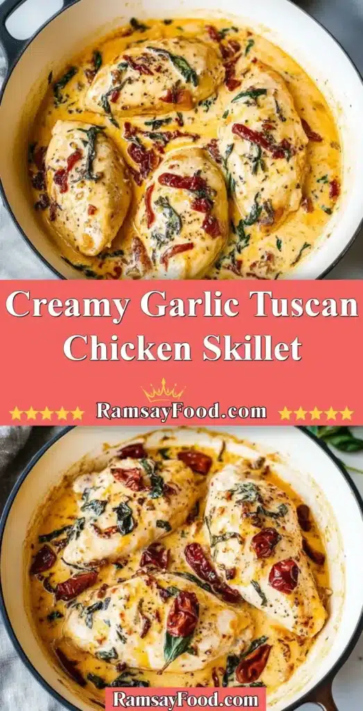 Creamy Garlic Tuscan Chicken Skillet served with spinach and sun-dried tomatoes