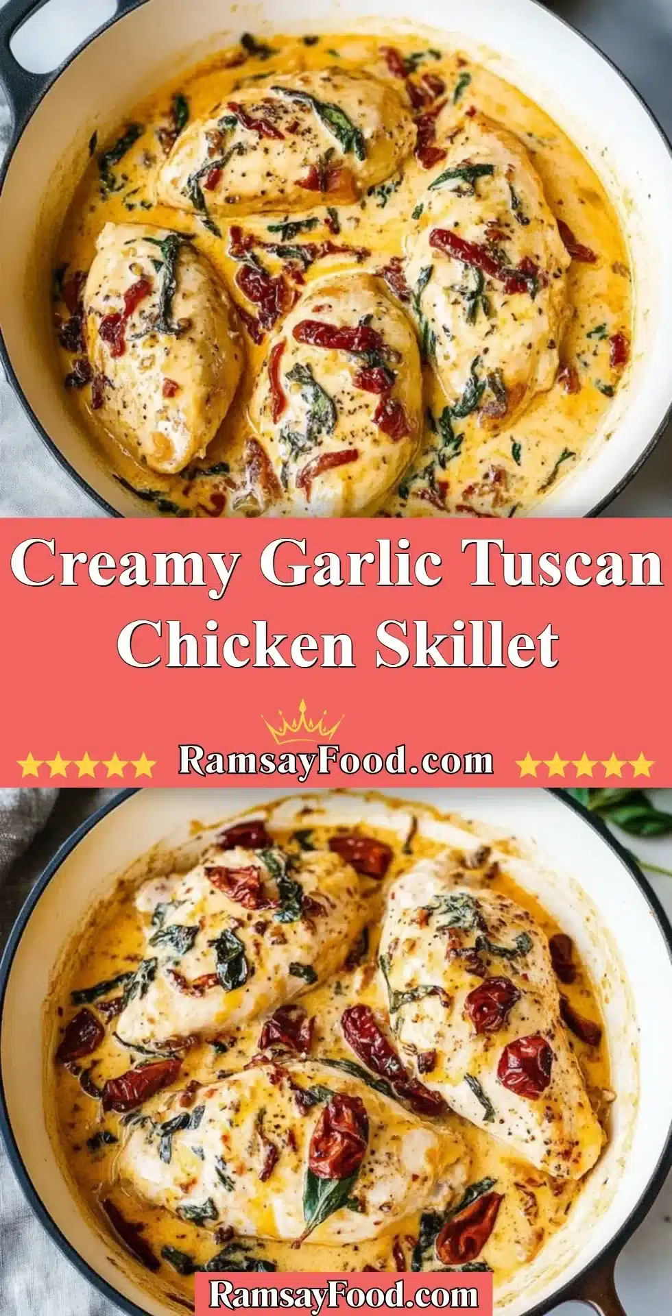 Creamy Garlic Tuscan Chicken Skillet served with spinach and sun-dried tomatoes