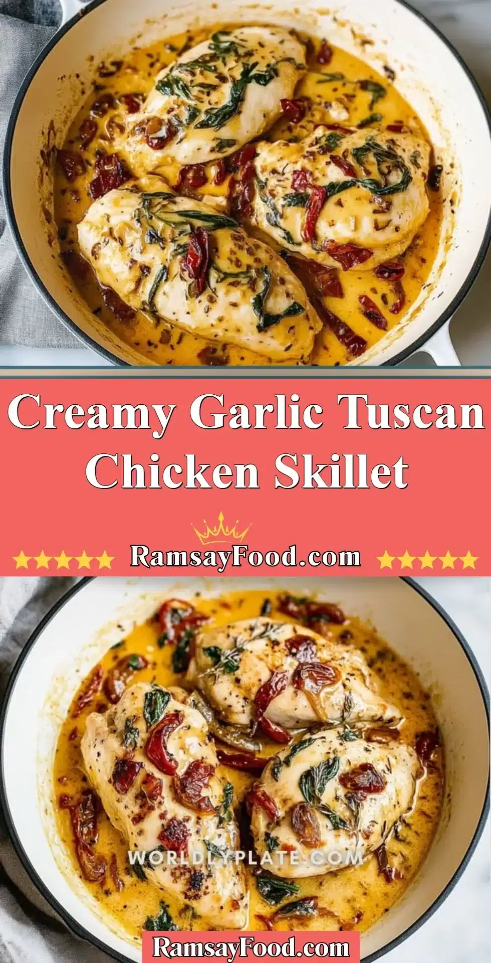 Creamy Garlic Tuscan Chicken Skillet 2 Creamy garlic Tuscan chicken skillet with fresh spinach and sun-dried tomatoes