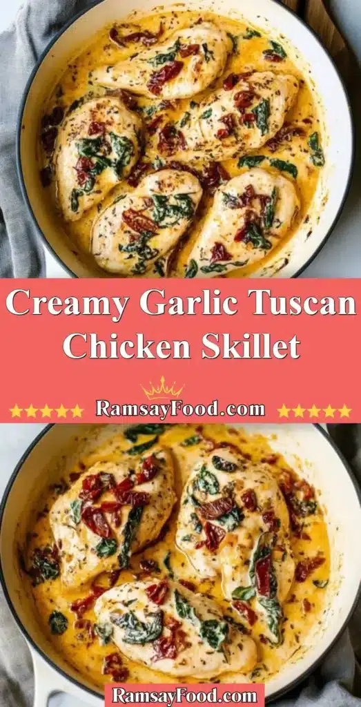 Creamy garlic Tuscan chicken skillet garnished with fresh herbs and served in a cast iron pan.