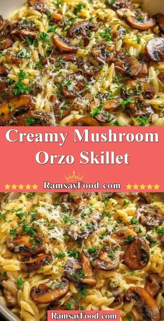 Creamy mushroom orzo skillet dish garnished with herbs