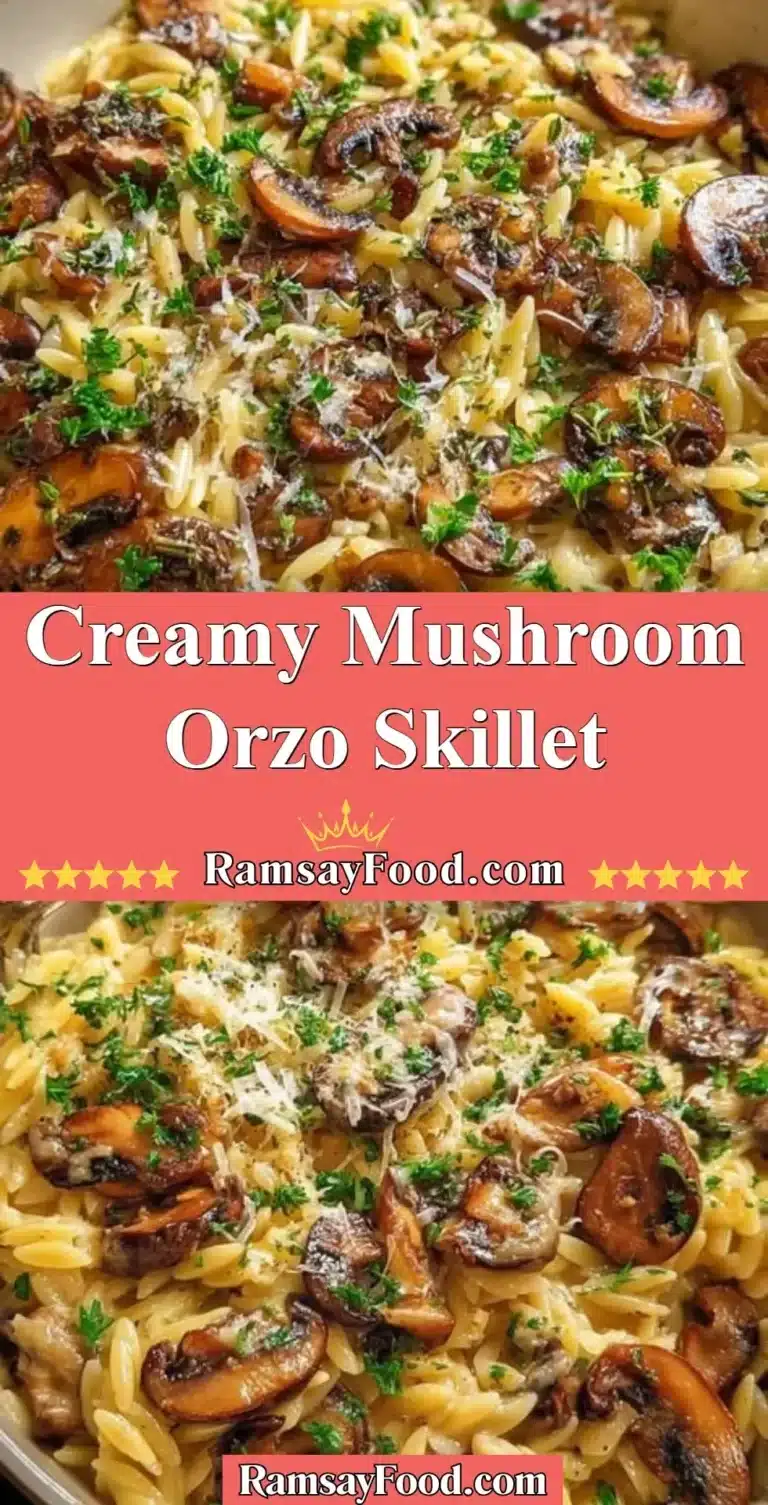 Creamy mushroom orzo skillet dish garnished with herbs