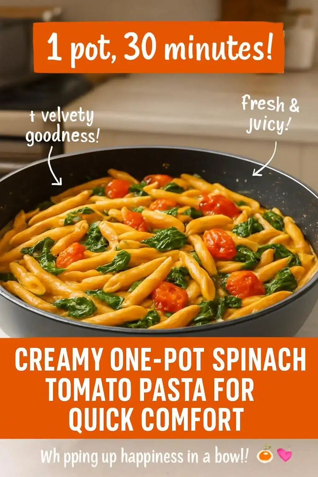 Creamy one-pot spinach tomato pasta dish served in a bowl