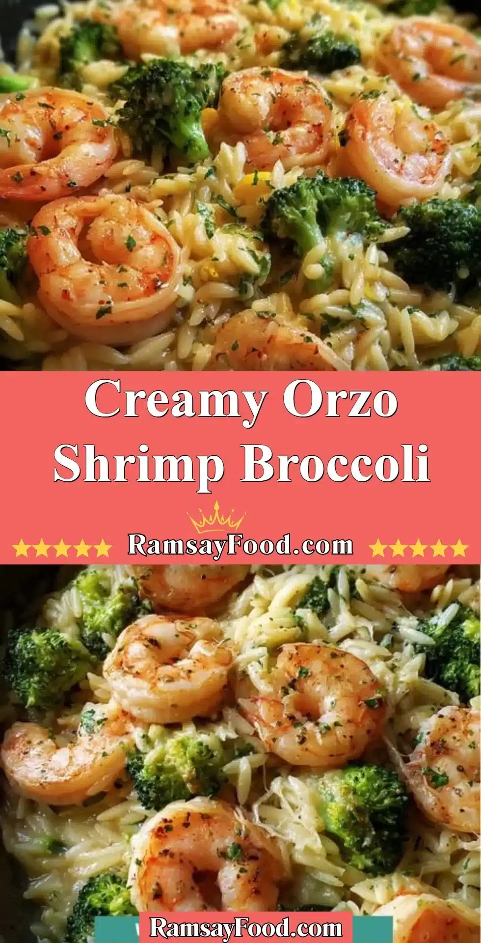 Creamy orzo shrimp with broccoli in a deliciously savory sauce