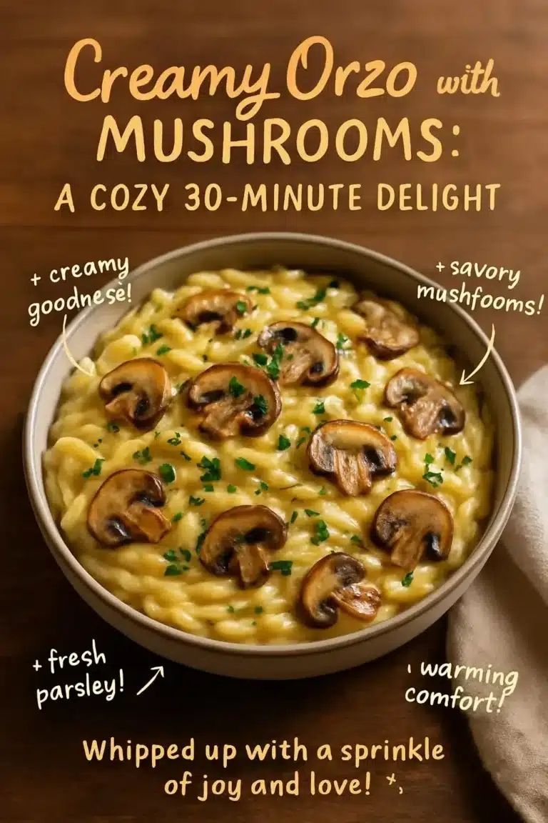 Creamy Orzo with Mushrooms: A Cozy 30-Minute Delight 7 Creamy orzo with mushrooms in a bowl, garnished with parsley