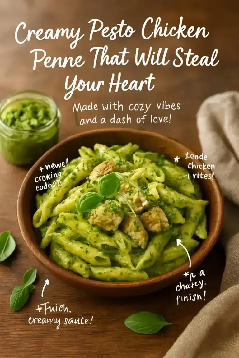 Creamy pesto chicken penne pasta garnished with fresh basil and pine nuts