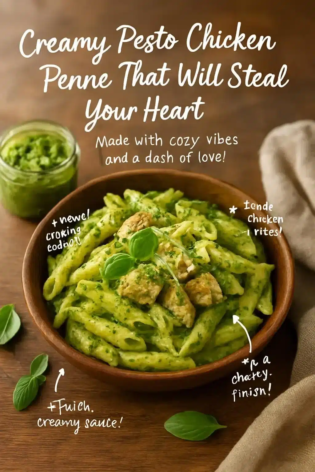Creamy pesto chicken penne pasta garnished with fresh basil and pine nuts