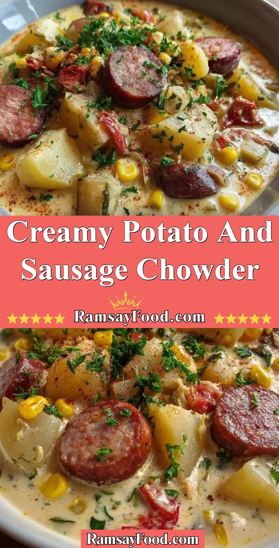 A bowl of creamy potato sausage chowder topped with herbs and served with bread.