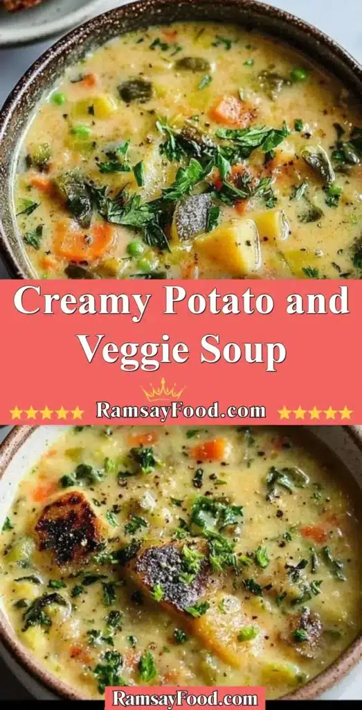 Bowl of creamy potato and veggie soup garnished with herbs