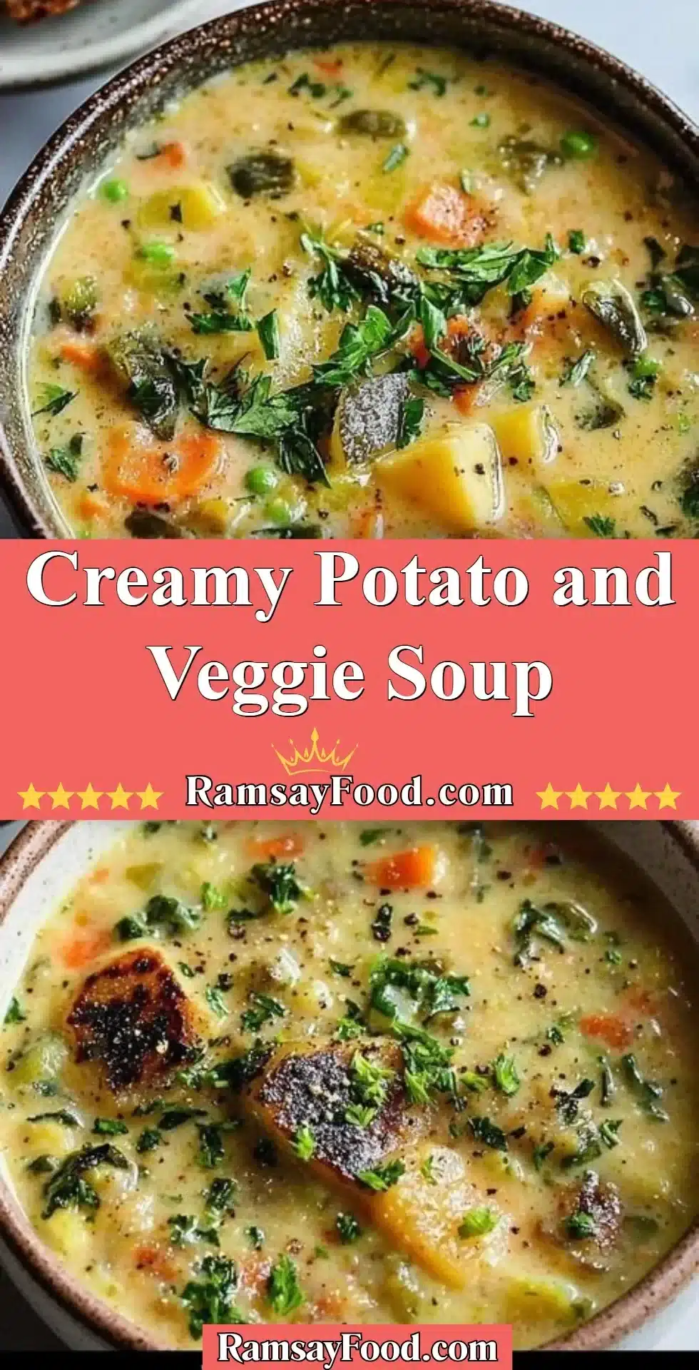 Creamy Potato and Veggie Soup 2 Bowl of creamy potato and veggie soup garnished with herbs