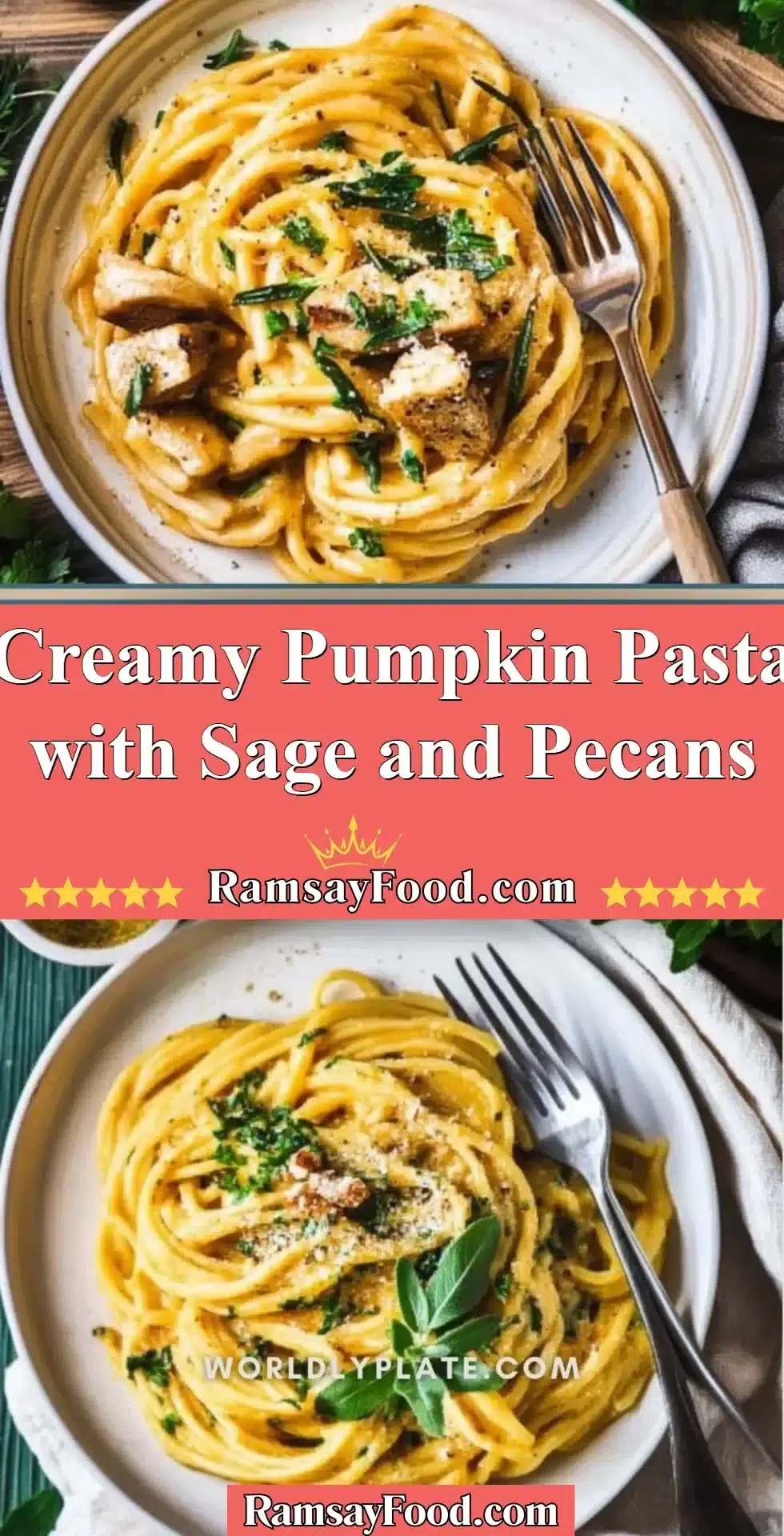 Creamy pumpkin pasta with sage and pecans served in a bowl