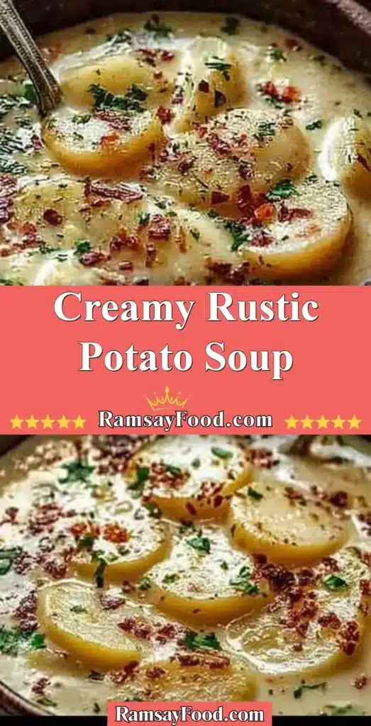Bowl of creamy rustic potato soup garnished with herbs