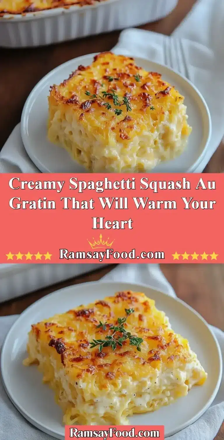 Creamy spaghetti squash au gratin dish topped with golden cheese