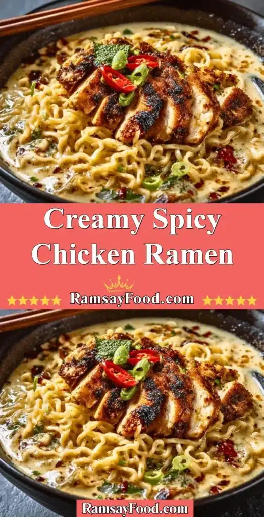 Bowl of creamy spicy chicken ramen garnished with vegetables and herbs.