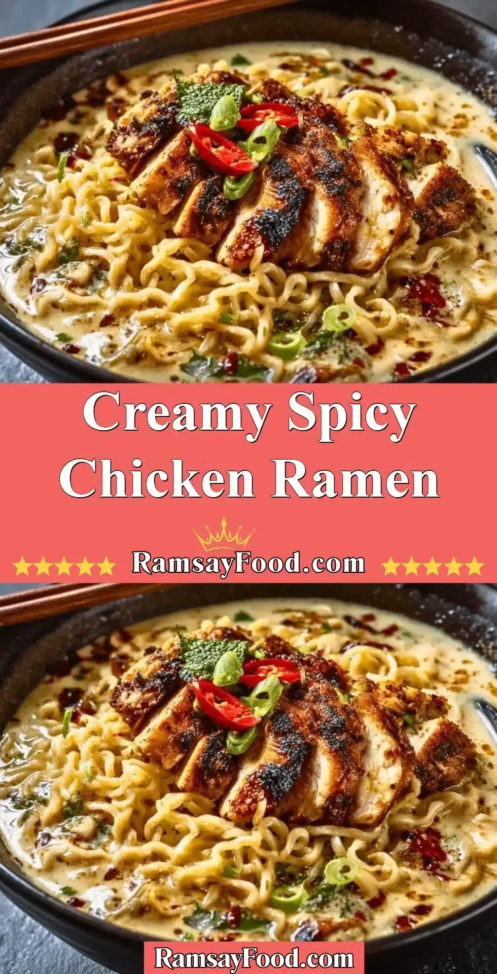 Bowl of creamy spicy chicken ramen garnished with vegetables and herbs.