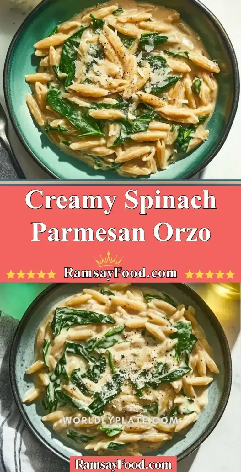 Creamy spinach parmesan orzo served in a bowl with fresh herbs