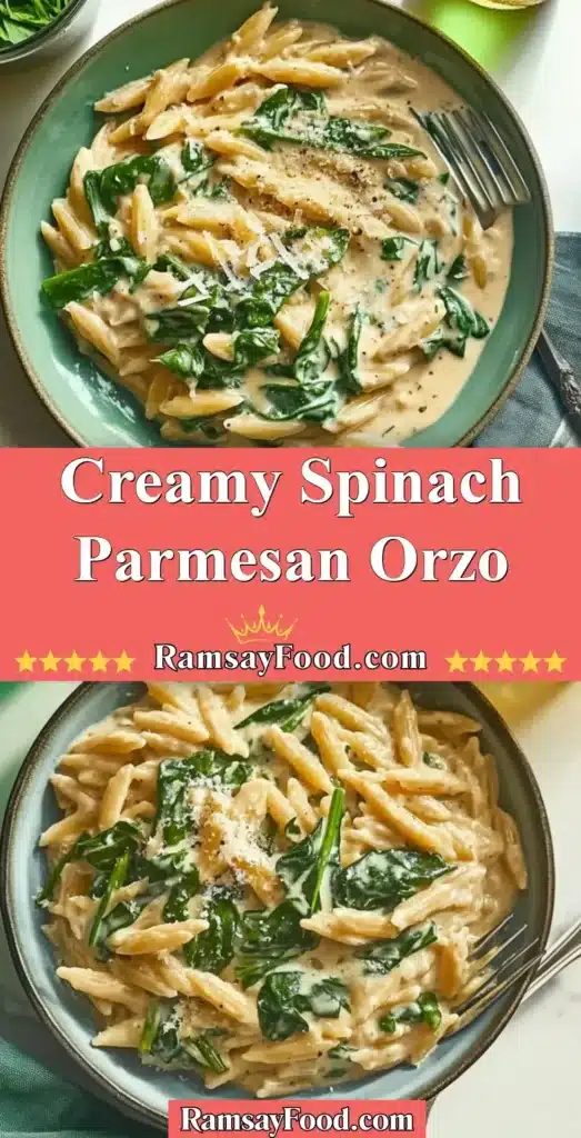 Creamy Spinach Parmesan Orzo served in a bowl