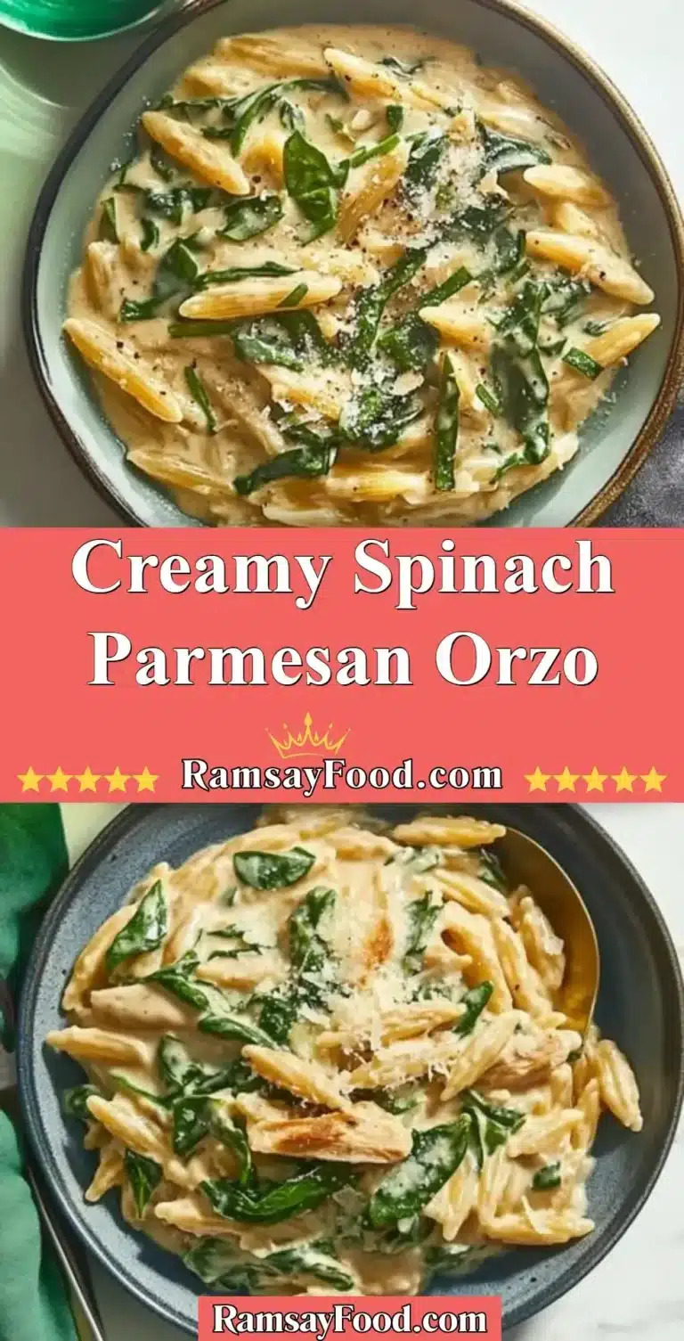 Creamy spinach parmesan orzo in a bowl with fresh spinach leaves on top.