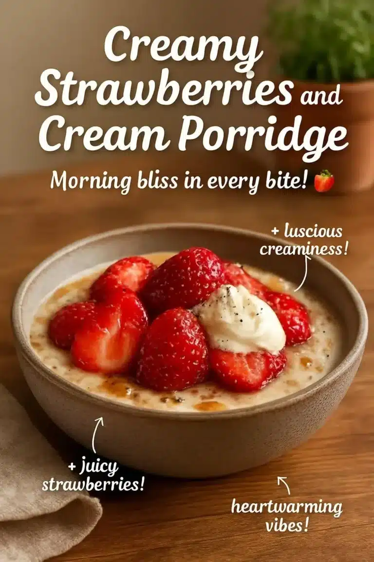 Creamy Strawberries and Cream Porridge 7 Bowl of creamy strawberries and cream porridge topped with fresh strawberries.