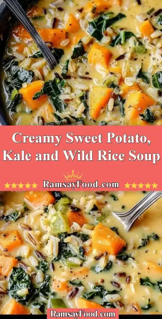 Creamy sweet potato soup with kale and wild rice in a bowl