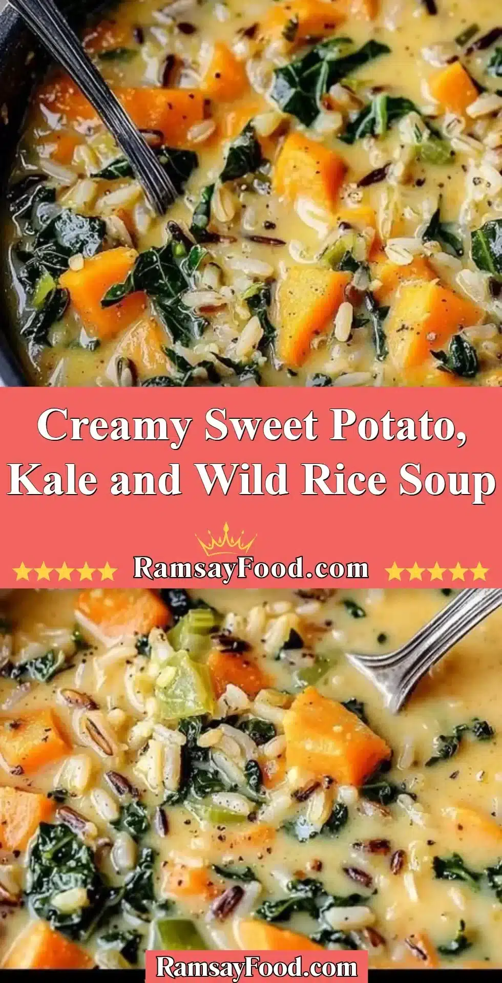Creamy Sweet Potato, Kale and Wild Rice Soup 2 Creamy sweet potato soup with kale and wild rice in a bowl