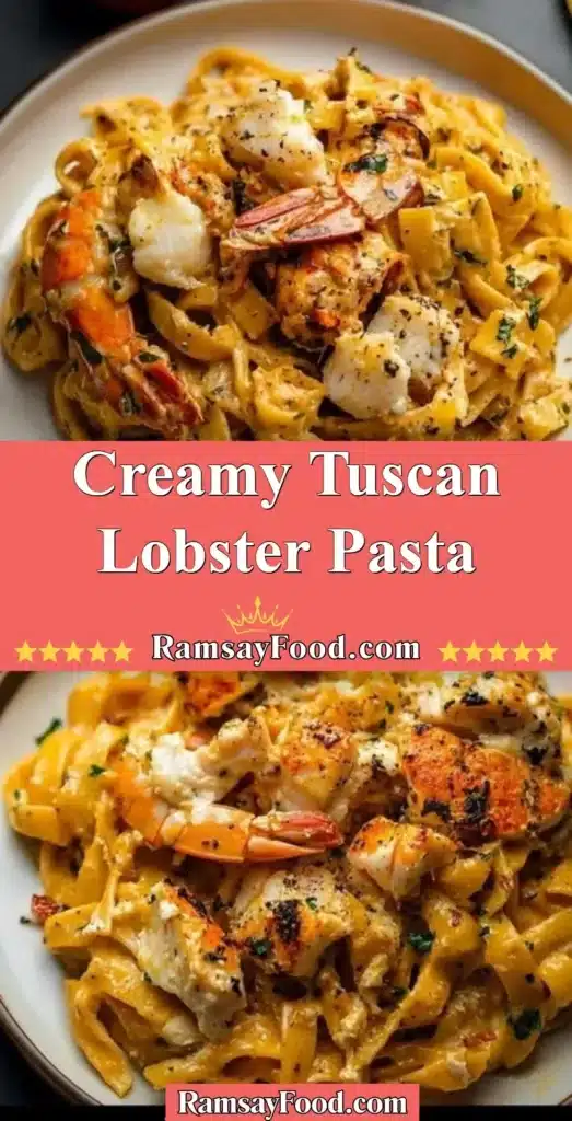 Delicious creamy Tuscan lobster pasta served in a bowl with herbs and cheese.