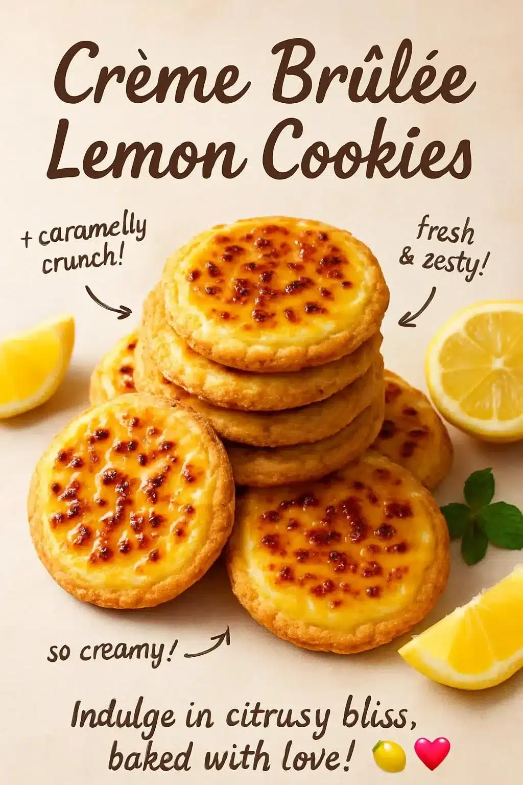 Crème Brûlée Lemon Cookies 2 Delicious crème brûlée lemon cookies with a creamy top and zesty lemon flavor