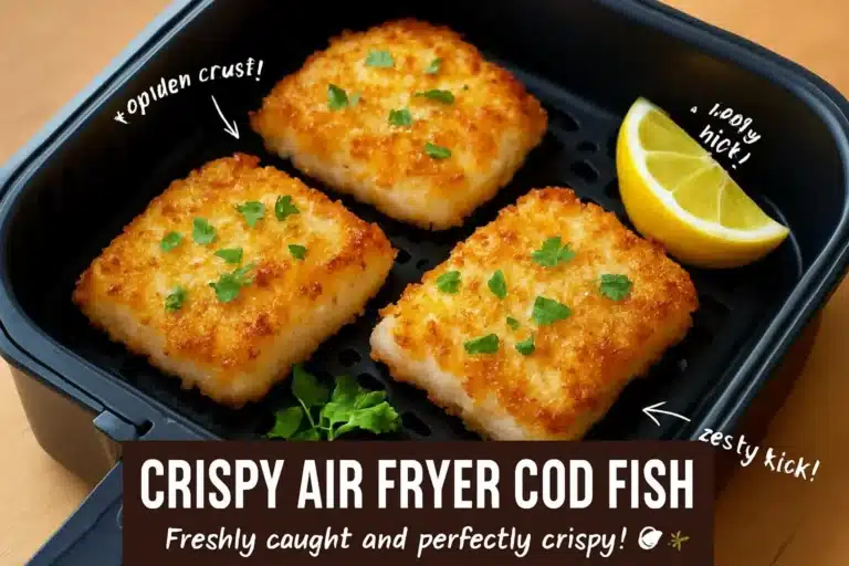Crispy air fryer cod fish served with lemon and herbs