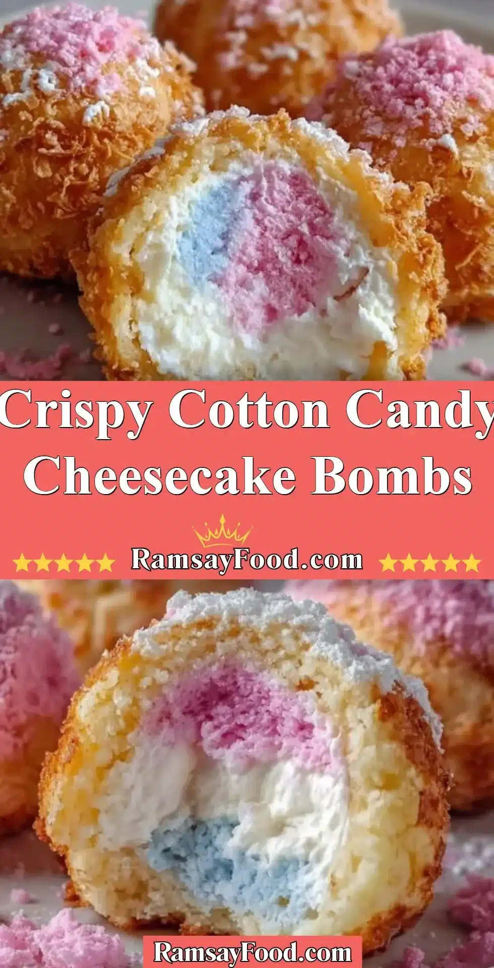 Crispy Cotton Candy Cheesecake Bombs 2 Crispy cotton candy cheesecake bombs, a delicious dessert treat