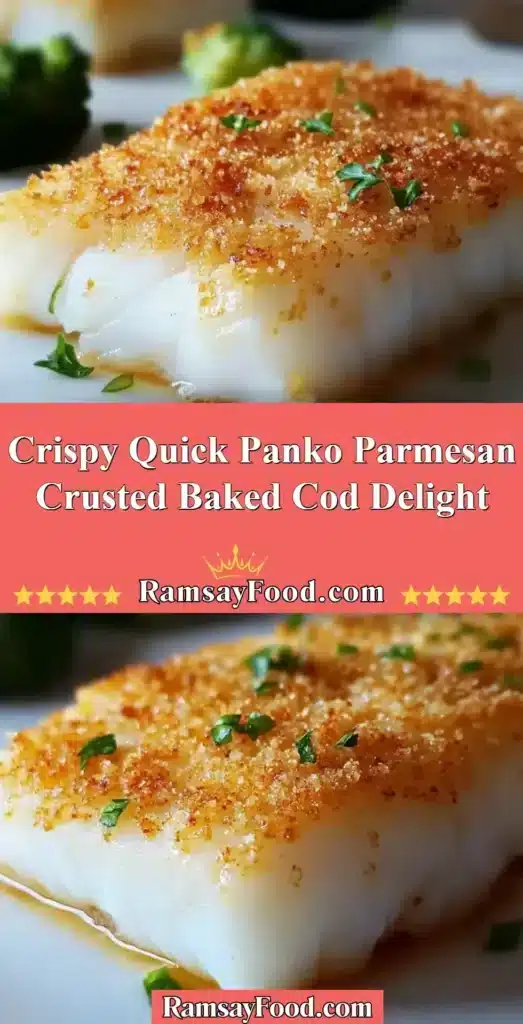 Crispy Quick Panko Parmesan Crusted Baked Cod on a plate garnished with lemon.