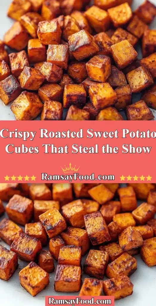 Crispy roasted sweet potato cubes ready to be served