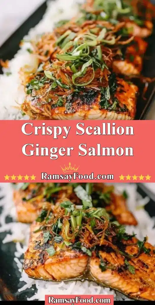 Crispy Scallion Ginger Salmon garnished with scallions and ginger slices