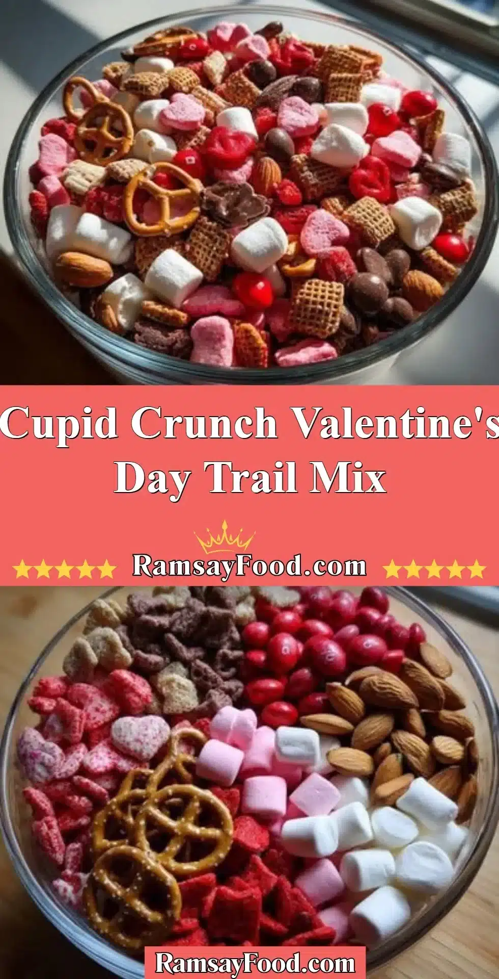 Cupid Crunch Valentine's Day Trail Mix with heart-shaped candies and nuts