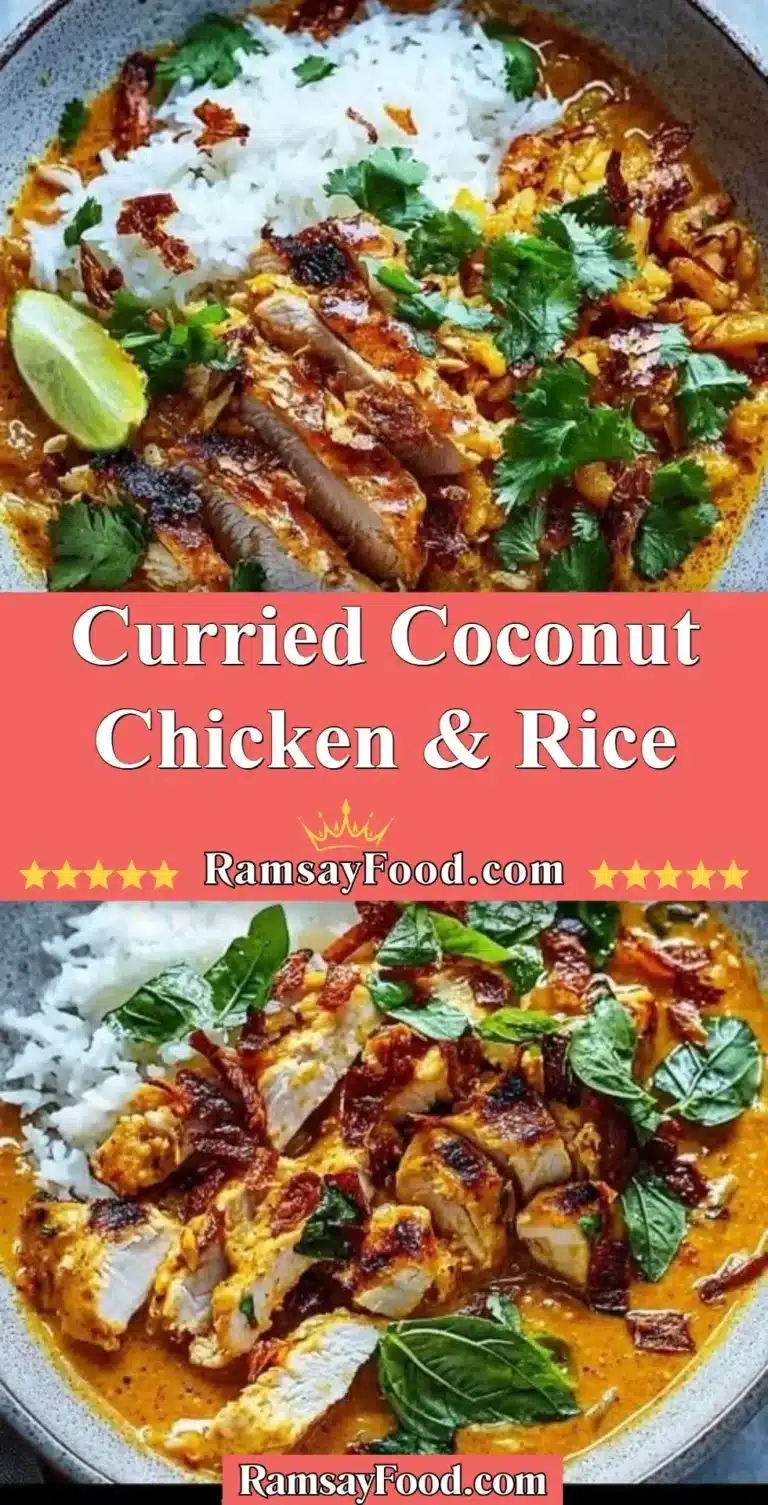 Curried Coconut Chicken & Rice 5 Curried coconut chicken served with rice in a bowl