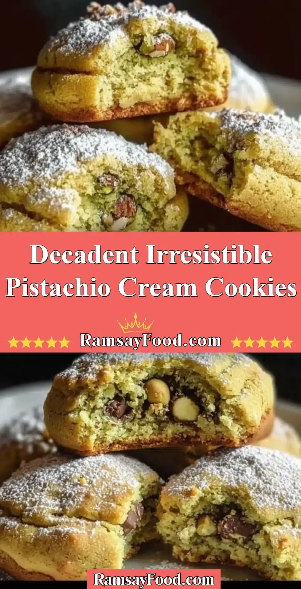 Plate of decadent pistachio cream cookies showcasing their rich green color and creamy texture.