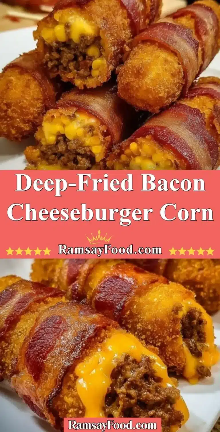 Deep-Fried Bacon Cheeseburger Corn 6 Deep-fried bacon cheeseburger corn served on a plate with toppings