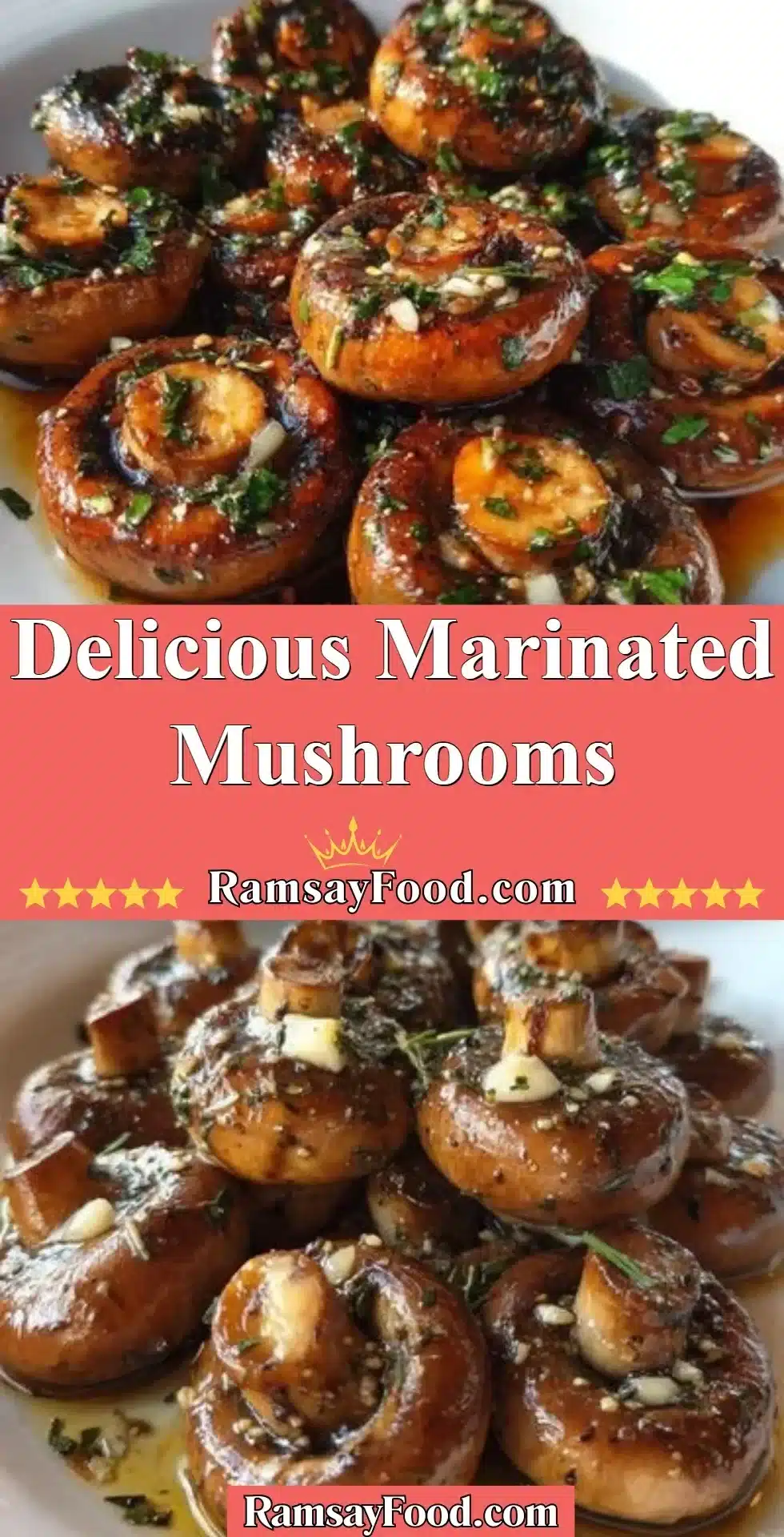 Delicious Marinated Mushrooms 2 A bowl of delicious marinated mushrooms garnished with herbs