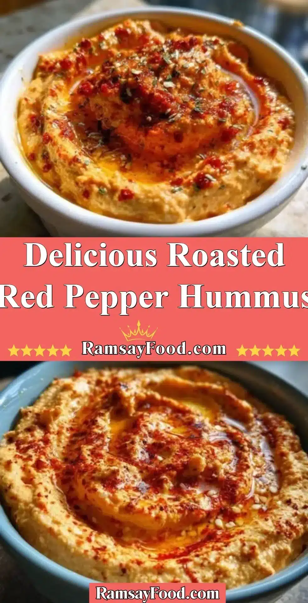Delicious Roasted Red Pepper Hummus 2 Bowl of delicious roasted red pepper hummus with pita and veggies