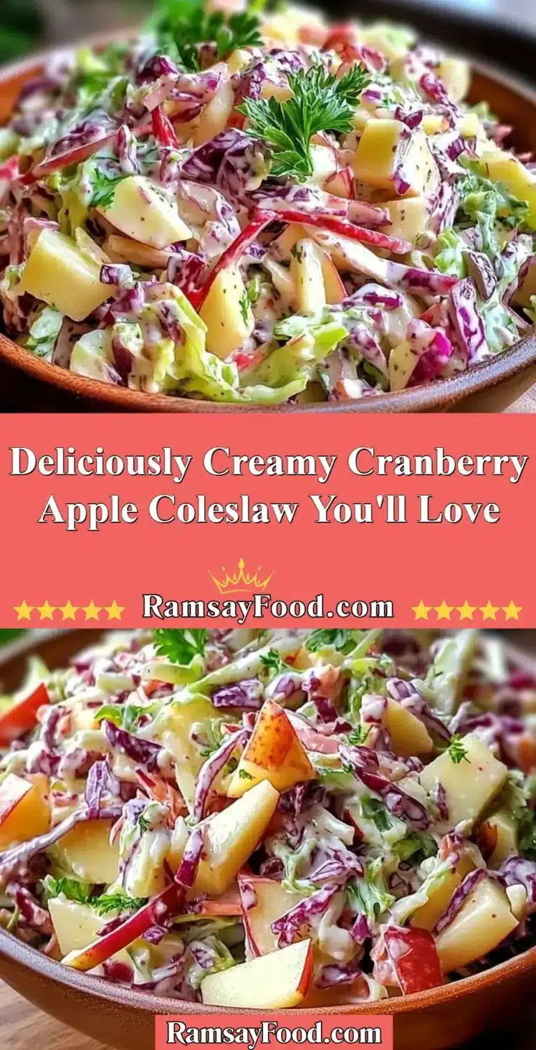 Deliciously Creamy Cranberry Apple Coleslaw You'll Love 8 Creamy cranberry apple coleslaw served in a bowl, garnished with fresh herbs.