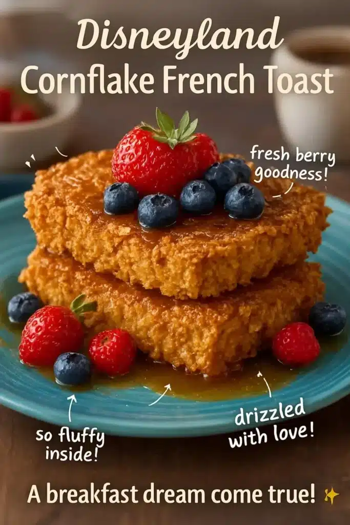 Disneyland Cornflake French Toast topped with syrup and berries