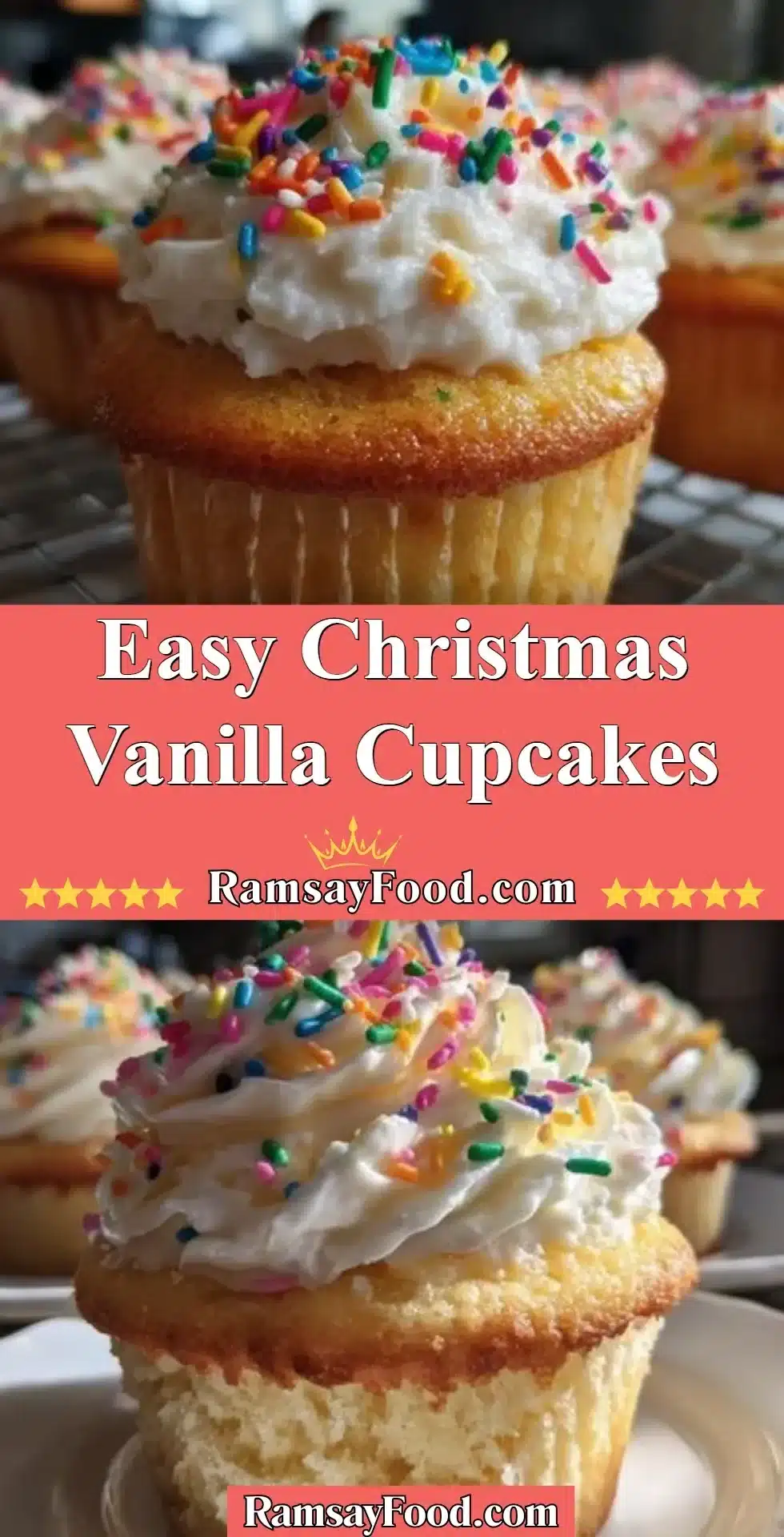 Easy Christmas vanilla cupcakes topped with festive decorations