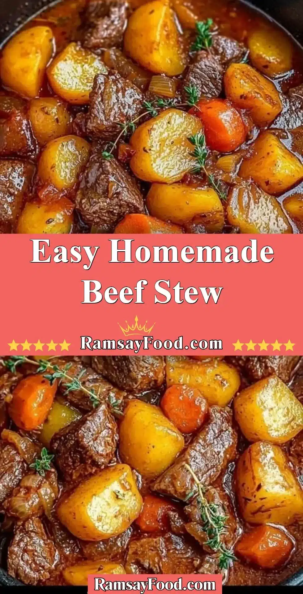 Bowl of easy homemade beef stew with vegetables and herbs