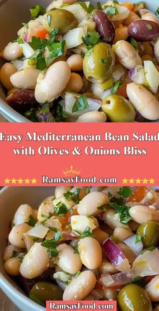 Colorful Mediterranean bean salad with olives and onions in a bowl