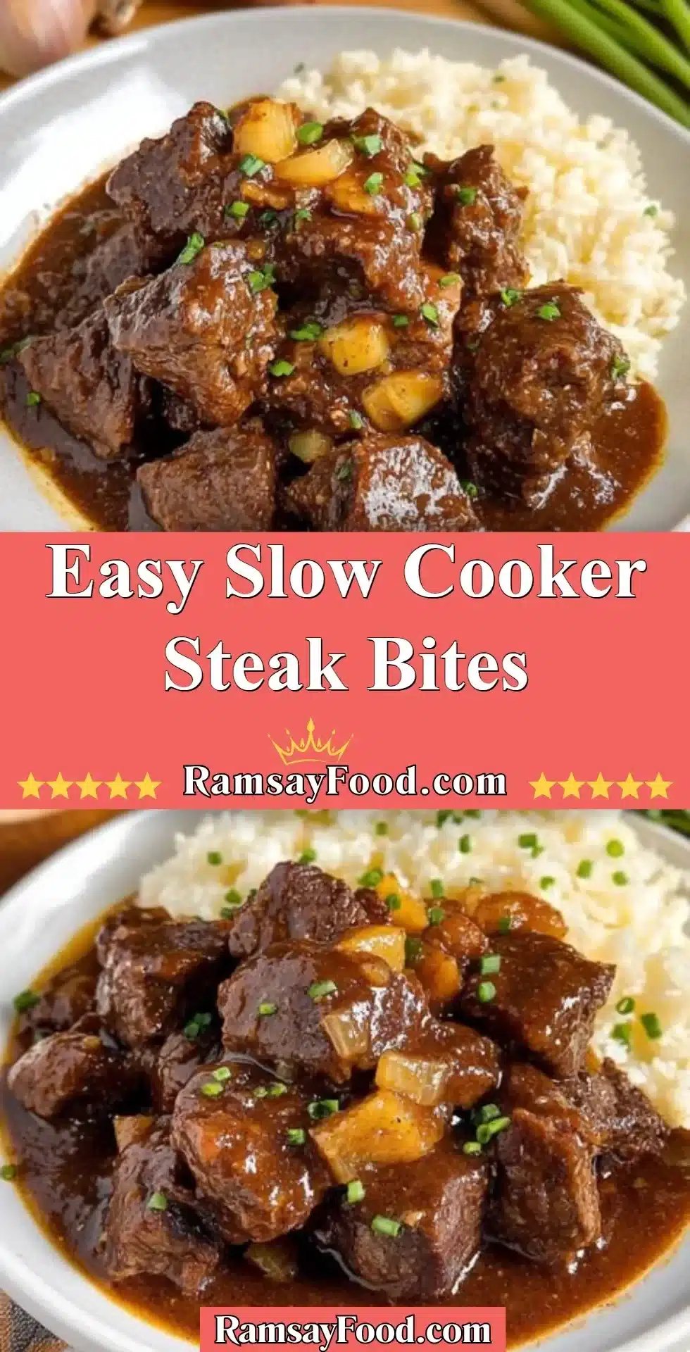 Delicious easy slow cooker steak bites served on a plate.