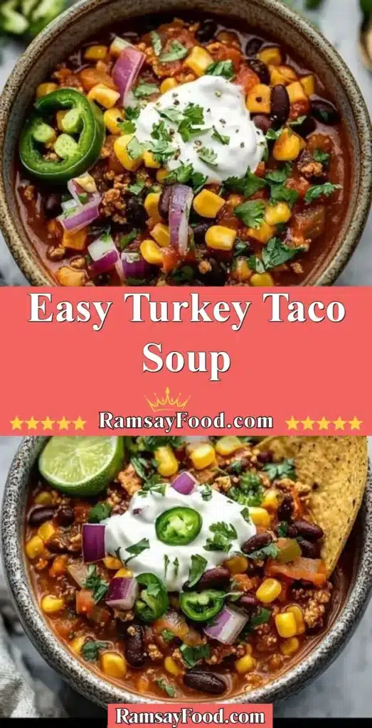 Bowl of easy Turkey Taco Soup with toppings like cheese and cilantro